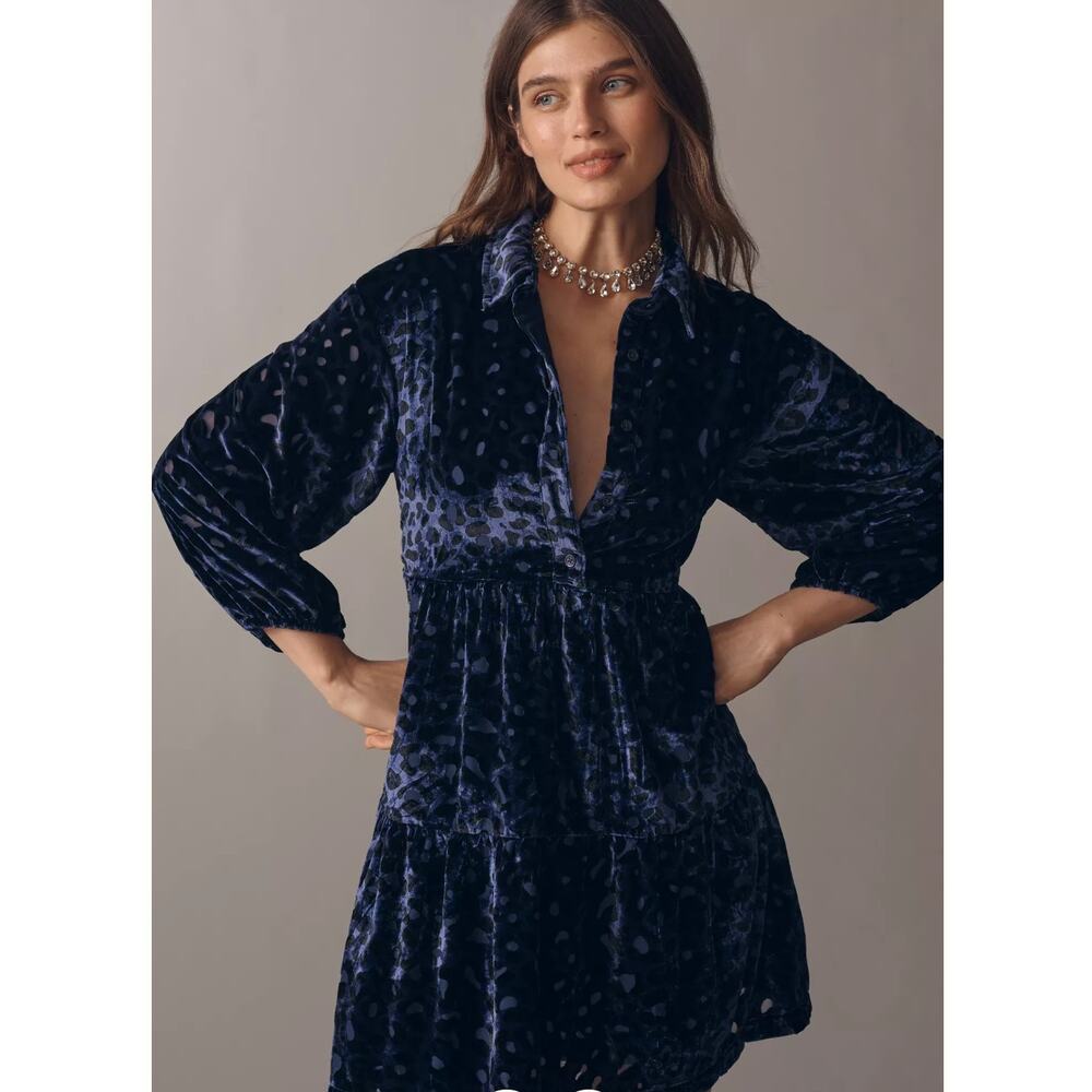 Anthropologie The Bettina Tiered Shirt Dress by Maeve: Mini Velvet Edition XXS